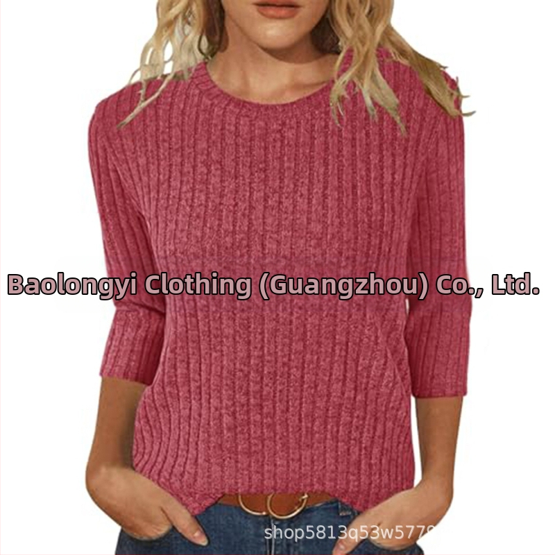 Moterų marškinėliai su apvaliu kaklu, 3/4 rankovės, vientisas, šveistas paviršius, laisvas kirpimas