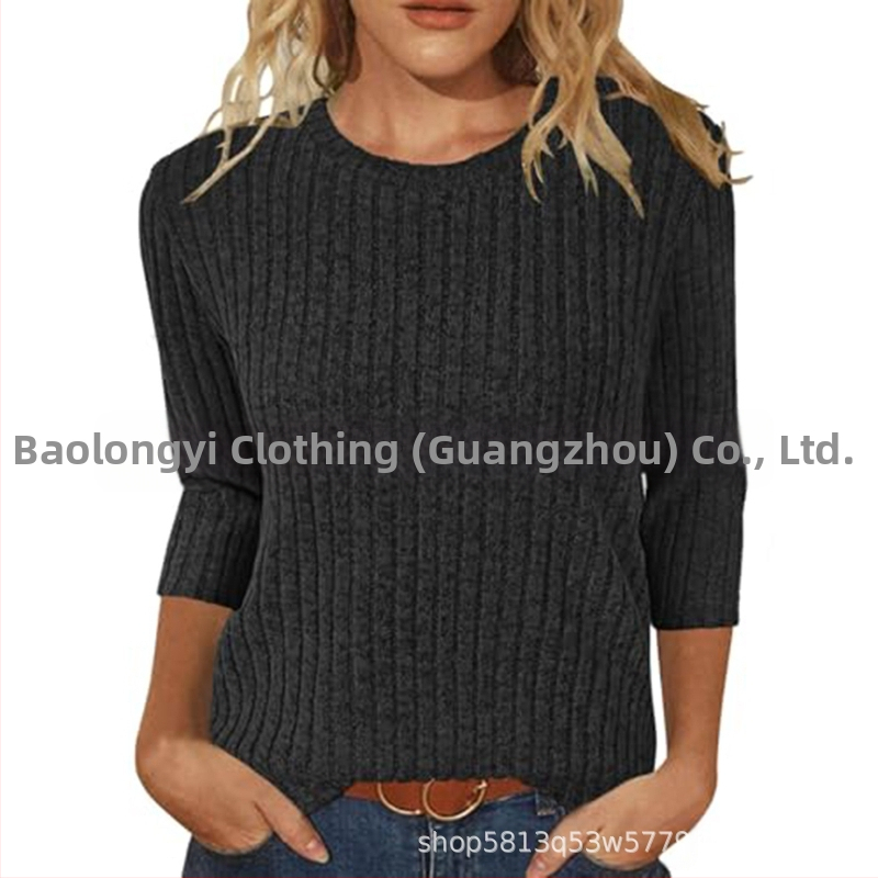 Moterų marškinėliai su apvaliu kaklu, 3/4 rankovės, vientisas, šveistas paviršius, laisvas kirpimas