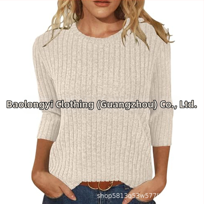 Moterų marškinėliai su apvaliu kaklu, 3/4 rankovės, vientisas, šveistas paviršius, laisvas kirpimas