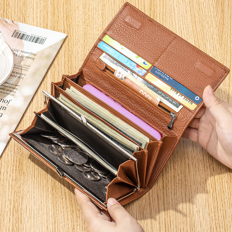 Ženski dugi novčanik od prave kože, velika kapaciteta, retro kopča, višestruki clutch s džepom za telefon