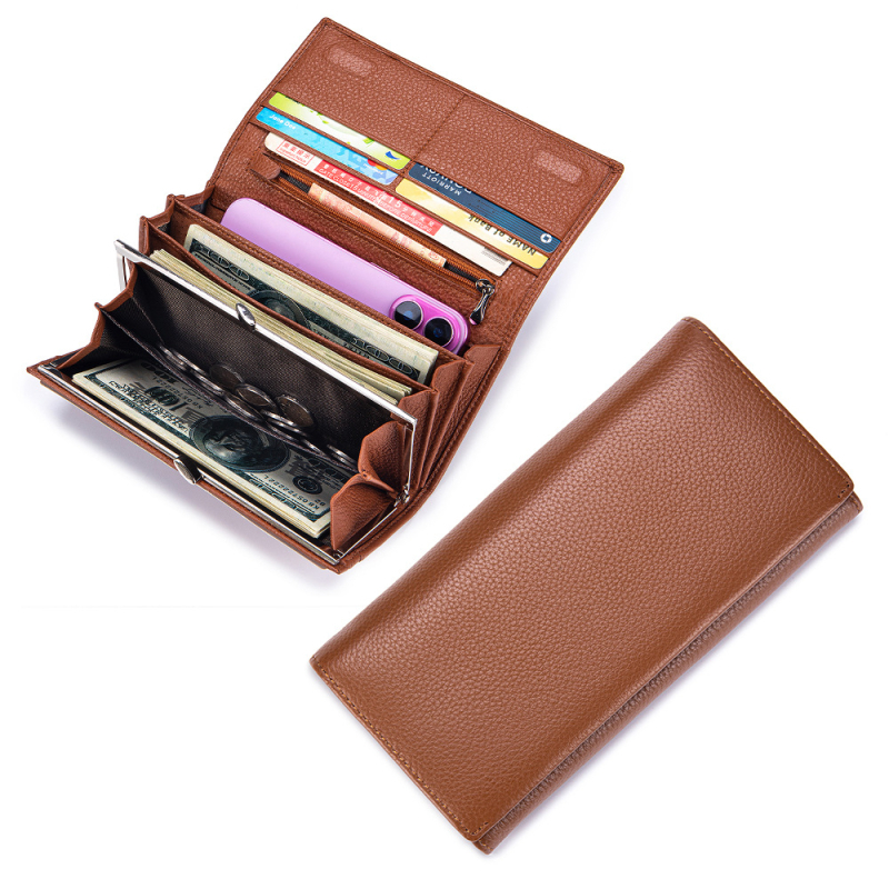 Ženski dugi novčanik od prave kože, velika kapaciteta, retro kopča, višestruki clutch s džepom za telefon