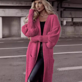 Кардиган от акрил, свободен силует, фенерчести ръкави, удължен модел, V-образно деколте