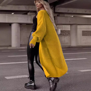 Кардиган от акрил, свободен силует, фенерчести ръкави, удължен модел, V-образно деколте