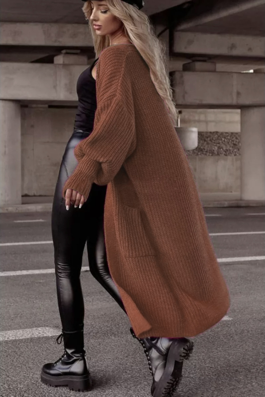 Кардиган от акрил, свободен силует, фенерчести ръкави, удължен модел, V-образно деколте