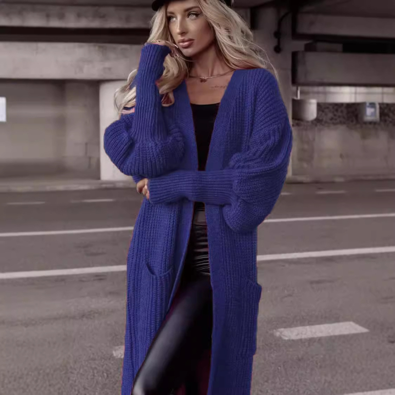 Кардиган от акрил, свободен силует, фенерчести ръкави, удължен модел, V-образно деколте