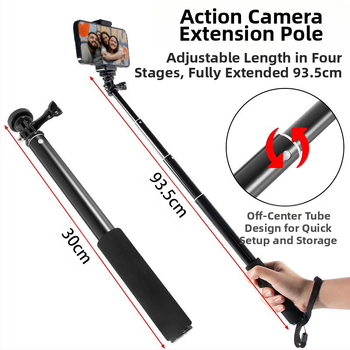 Selfie stick, τετρατμηματικό από κράμα αλουμινίου, εκτεταμένος σωληνοειδής βραχίονας για κάμερες με θύρα 1/4 ιντσών, μέγιστο φορτίο 2 kg