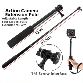 Selfie stick, τετρατμηματικό από κράμα αλουμινίου, εκτεταμένος σωληνοειδής βραχίονας για κάμερες με θύρα 1/4 ιντσών, μέγιστο φορτίο 2 kg