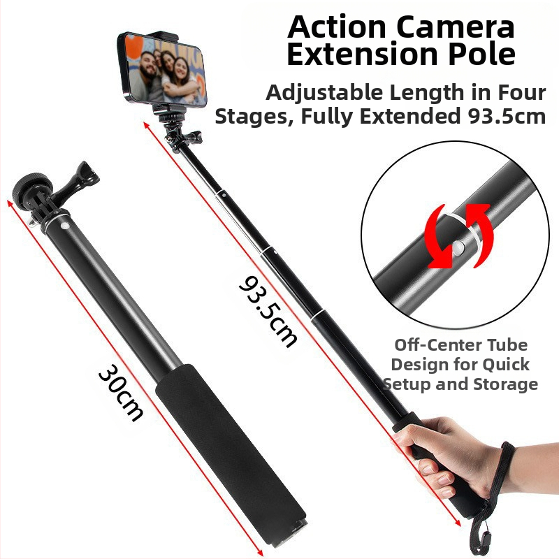 Селфи стик, 4 секции, алуминиева сплав, ексцентричен тръбен удължител за камери с 1/4-инчова резба, максимално натоварване 2 кг