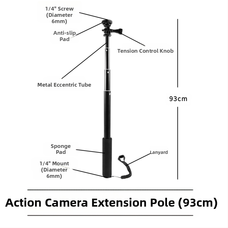 Selfie stick, τετρατμηματικό από κράμα αλουμινίου, εκτεταμένος σωληνοειδής βραχίονας για κάμερες με θύρα 1/4 ιντσών, μέγιστο φορτίο 2 kg