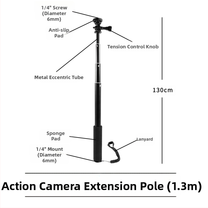 Selfie stick, τετρατμηματικό από κράμα αλουμινίου, εκτεταμένος σωληνοειδής βραχίονας για κάμερες με θύρα 1/4 ιντσών, μέγιστο φορτίο 2 kg