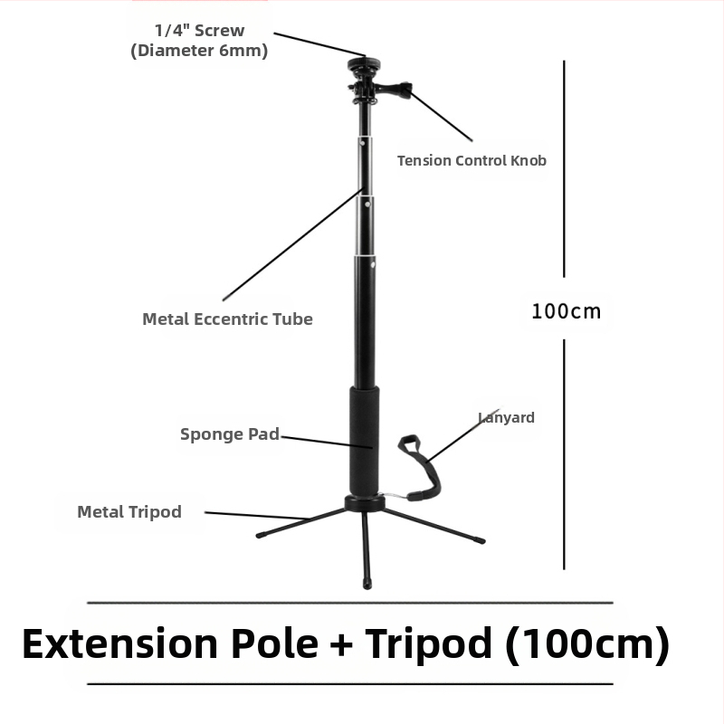 Selfie stick, τετρατμηματικό από κράμα αλουμινίου, εκτεταμένος σωληνοειδής βραχίονας για κάμερες με θύρα 1/4 ιντσών, μέγιστο φορτίο 2 kg