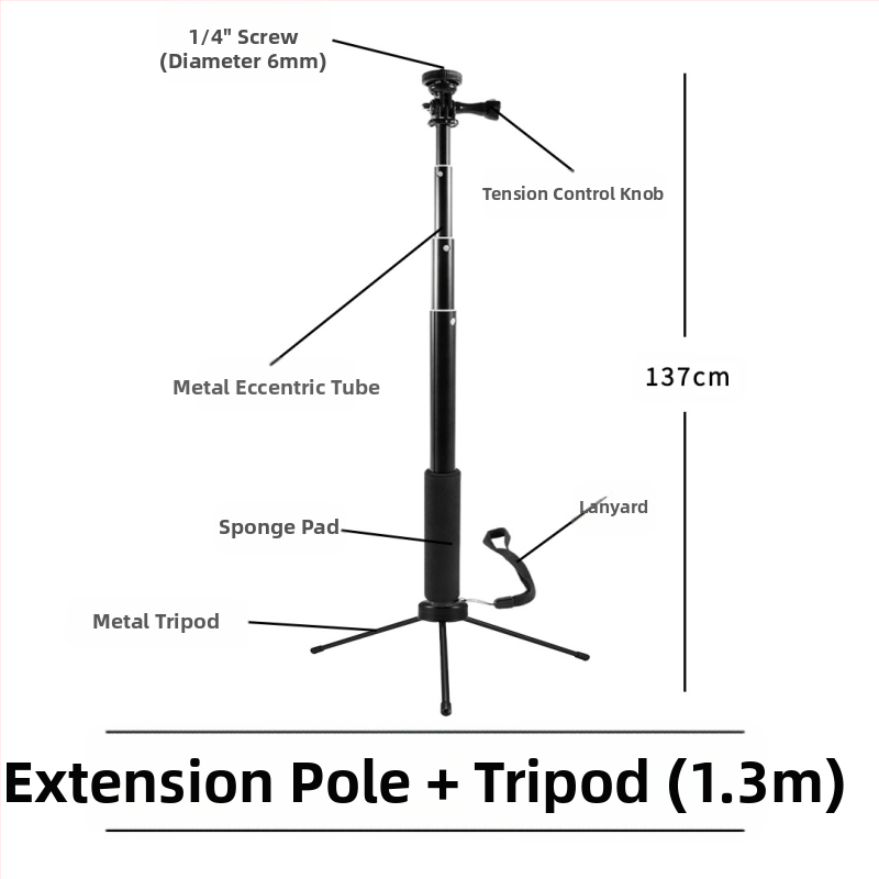 Selfie stick, τετρατμηματικό από κράμα αλουμινίου, εκτεταμένος σωληνοειδής βραχίονας για κάμερες με θύρα 1/4 ιντσών, μέγιστο φορτίο 2 kg