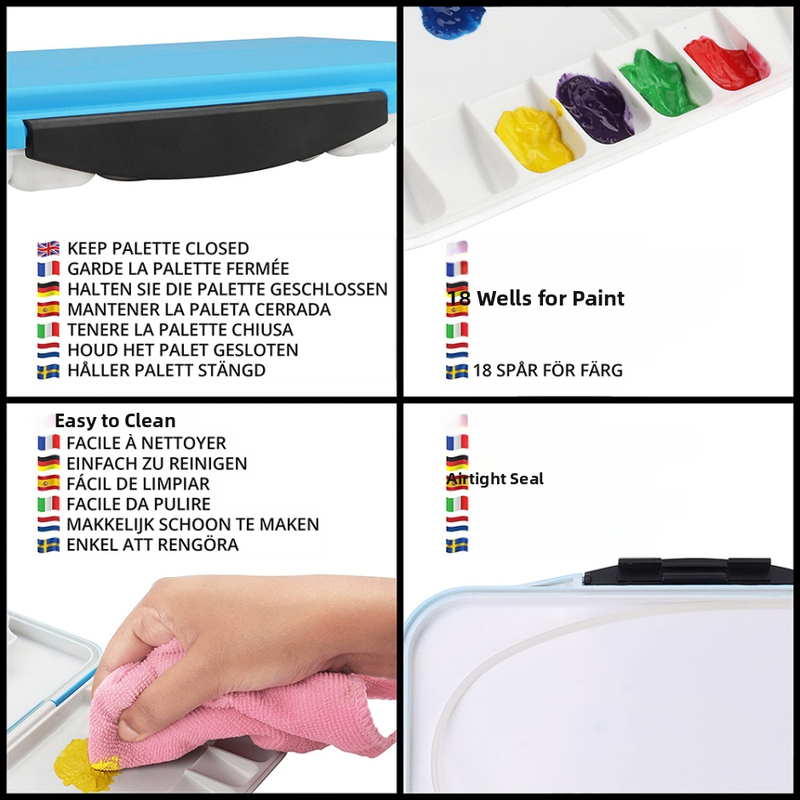 Кутия за палитра за акварелни бои с 18 клетки, многофункционална, с уплътнителен пръстен и капак, който се отваря, лесна за почистване