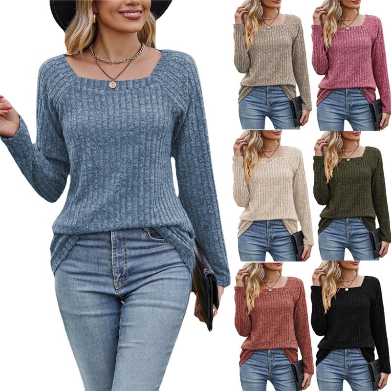 Slim-fit sveter z bavlny-poliesteru s hranatým golierom, dlhé rukávy, pletený s detailmi švov