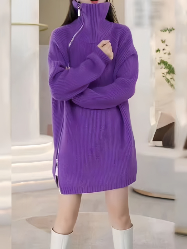 Kardigán so zipsom a vysokým golierom, polyester-viskóza zmes, dlhé rukávy, stredná dĺžka (65-80 cm)