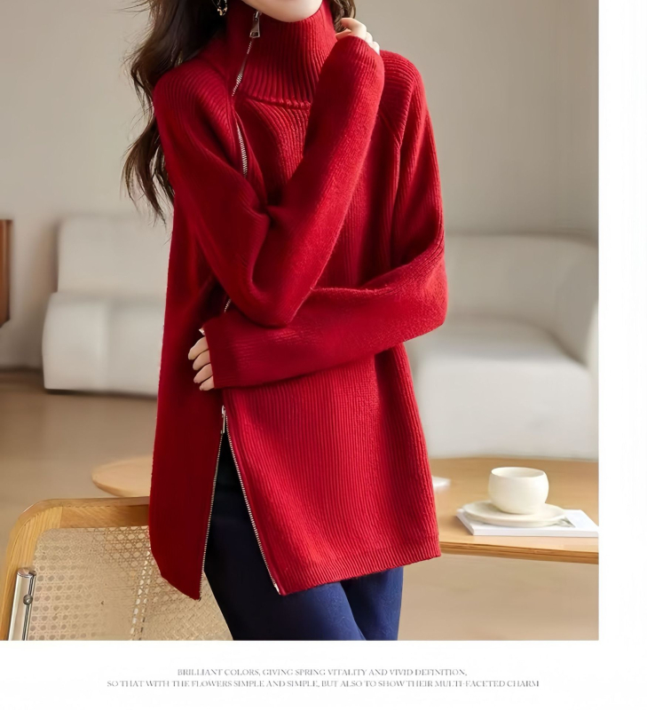Kardigán so zipsom a vysokým golierom, polyester-viskóza zmes, dlhé rukávy, stredná dĺžka (65-80 cm)