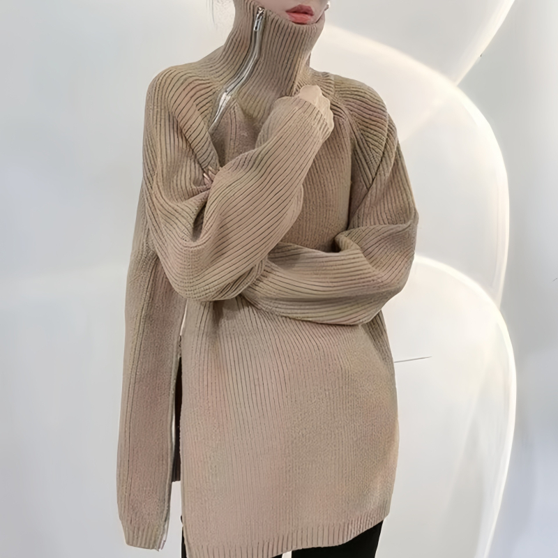 Kardigán so zipsom a vysokým golierom, polyester-viskóza zmes, dlhé rukávy, stredná dĺžka (65-80 cm)