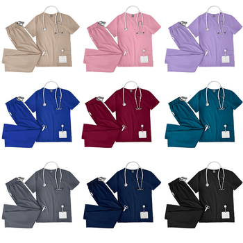 Slaugos uniformos komplektas – V kaklo iškirptė, trumpomis rankovėmis, kelnes; dvigubi kišiai, drėgmės reguliavimas, greitas džiūvimas, poliesteris 90–95%, vasara/pavasaris/ruduo.