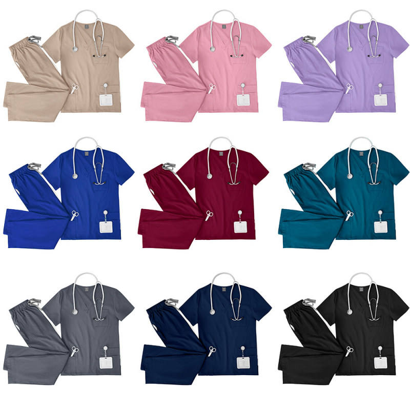 Slaugos uniformos komplektas – V kaklo iškirptė, trumpomis rankovėmis, kelnes; dvigubi kišiai, drėgmės reguliavimas, greitas džiūvimas, poliesteris 90–95%, vasara/pavasaris/ruduo.