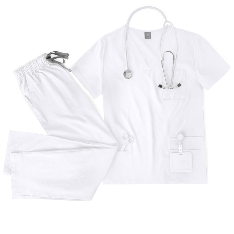 Slaugos uniformos komplektas – V kaklo iškirptė, trumpomis rankovėmis, kelnes; dvigubi kišiai, drėgmės reguliavimas, greitas džiūvimas, poliesteris 90–95%, vasara/pavasaris/ruduo.