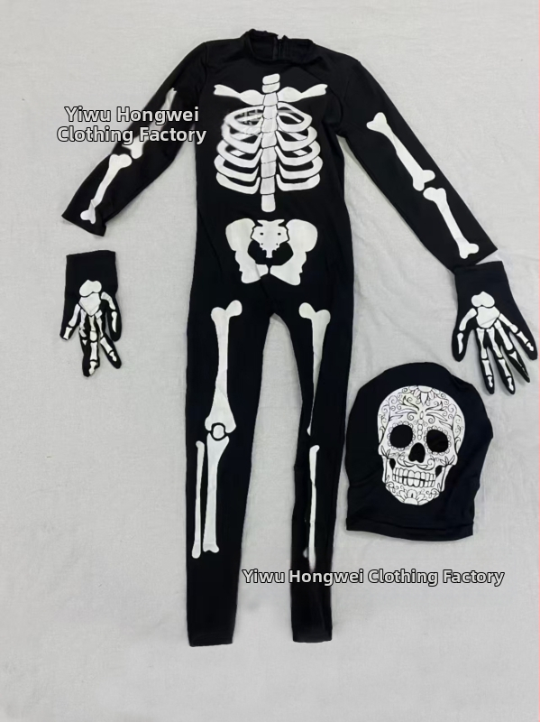 Костюм призрак-скелет за Хелоуин, унисекс, сценично облекло, полиестер, за деца до 17 години