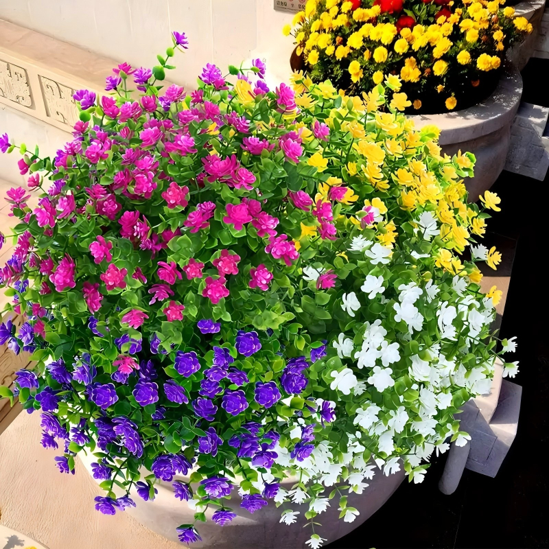 Dirbtinės gėlės — eukaliptas ir kamelija, iš plastiko, įpurškimo formavimu, vestuvėms, lauko naudojimui ir namų dekorui