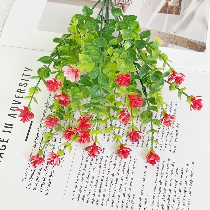 Dirbtinės gėlės — eukaliptas ir kamelija, iš plastiko, įpurškimo formavimu, vestuvėms, lauko naudojimui ir namų dekorui