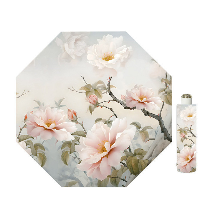 Skėtis su skaitmenine spauda, UPF >40 UV apsauga, 8-ribinis plieno rėmas, 190T audinys, rankinis atidarymas ir uždarymas, plastikinė rankenėlė