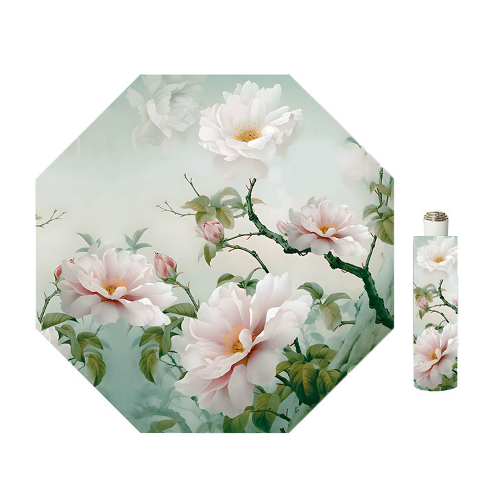 Skėtis su skaitmenine spauda, UPF >40 UV apsauga, 8-ribinis plieno rėmas, 190T audinys, rankinis atidarymas ir uždarymas, plastikinė rankenėlė