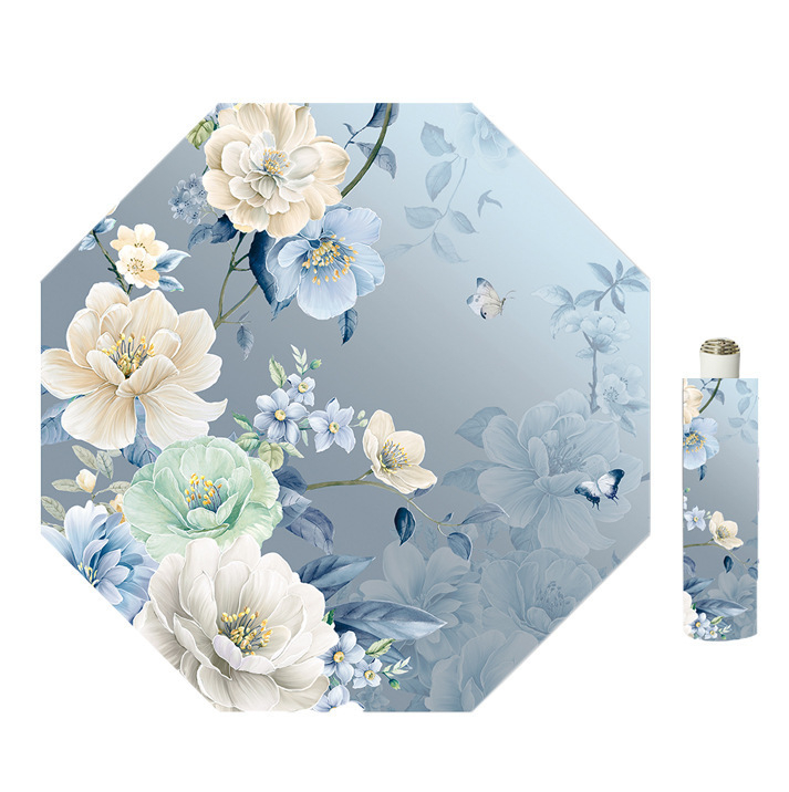 Skėtis su skaitmenine spauda, UPF >40 UV apsauga, 8-ribinis plieno rėmas, 190T audinys, rankinis atidarymas ir uždarymas, plastikinė rankenėlė