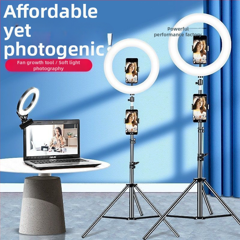 Držiak na telefón s osvetlením a statívom pre živé vysielanie, kovové telo s elektroplátovaným povrchom, jemné svetlo chrániace oči, vnútorná fotografia