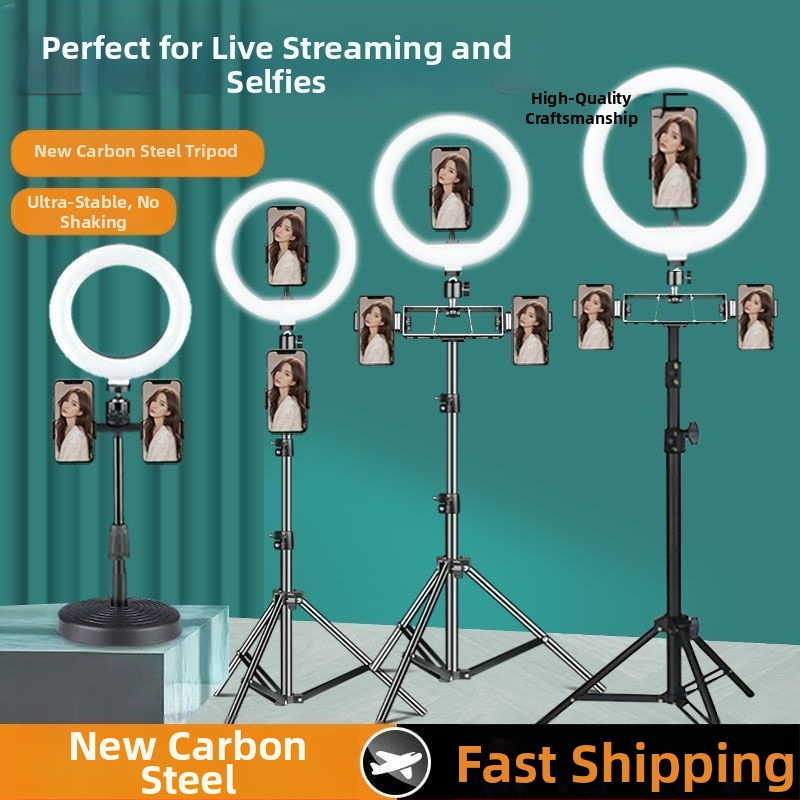 Držiak na telefón s osvetlením a statívom pre živé vysielanie, kovové telo s elektroplátovaným povrchom, jemné svetlo chrániace oči, vnútorná fotografia