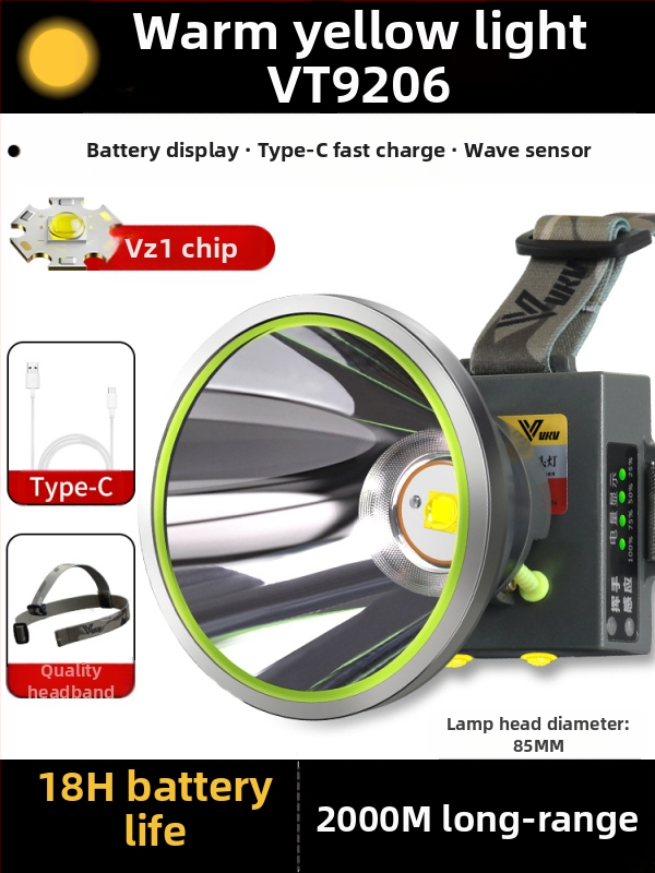 Galvos žibintuvas su 18650 Li-ion baterija, atsparus vandeniui, spindulio nuotolis ≥3000 m, veikimo laikas 36 h, svoris 364 g