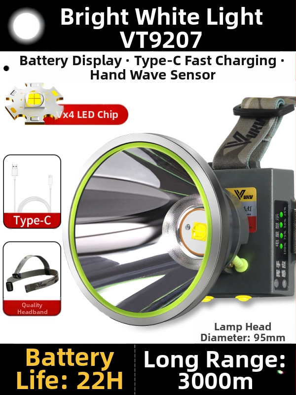 Galvos žibintuvas su 18650 Li-ion baterija, atsparus vandeniui, spindulio nuotolis ≥3000 m, veikimo laikas 36 h, svoris 364 g