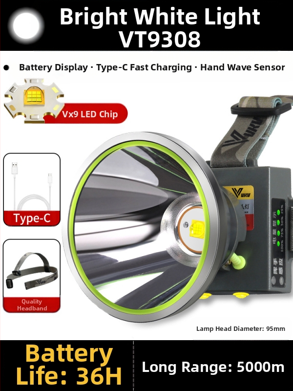 Galvos žibintuvas su 18650 Li-ion baterija, atsparus vandeniui, spindulio nuotolis ≥3000 m, veikimo laikas 36 h, svoris 364 g