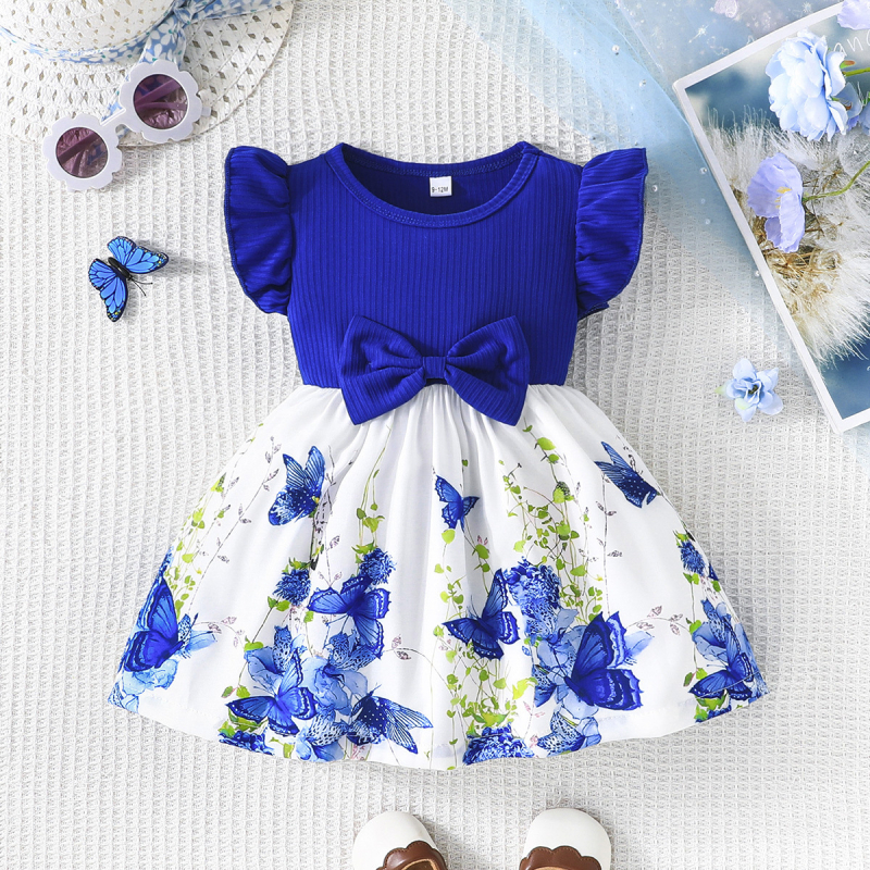 Mergaitėms vaikams A linijos suknelė be rankovių su drugelio raštu ir kaspinu – poliesteris