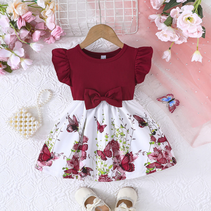 Mergaitėms vaikams A linijos suknelė be rankovių su drugelio raštu ir kaspinu – poliesteris