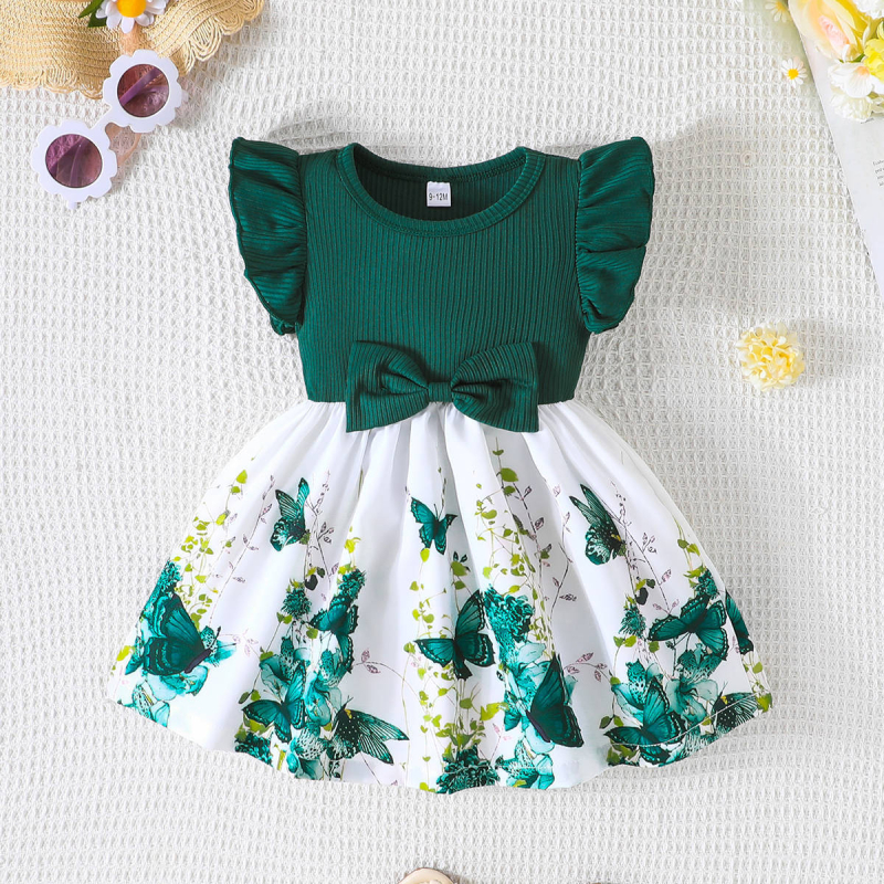 Mergaitėms vaikams A linijos suknelė be rankovių su drugelio raštu ir kaspinu – poliesteris