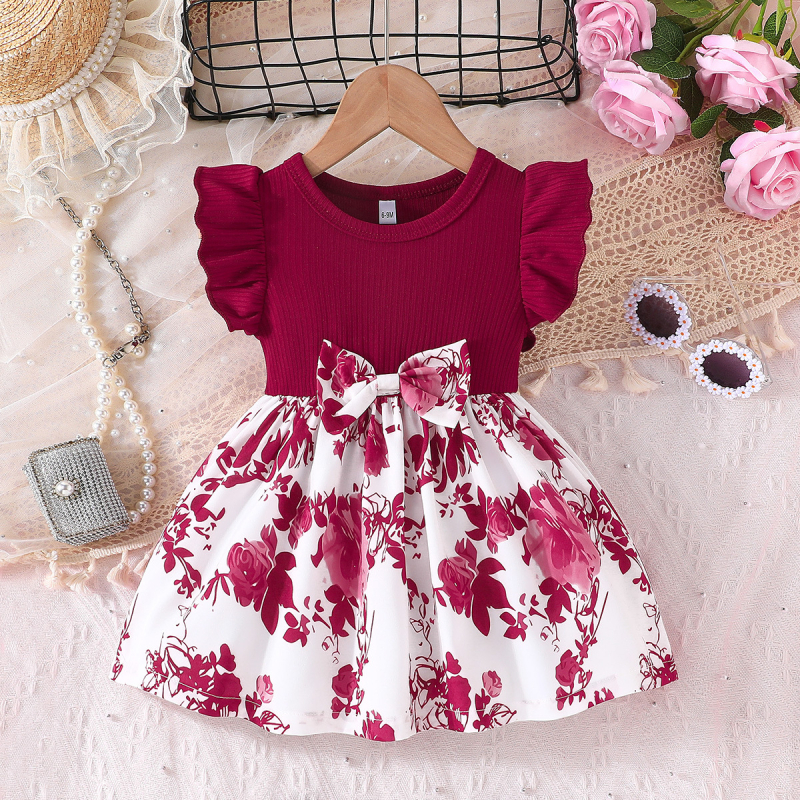 Mergaitėms vaikams A linijos suknelė be rankovių su drugelio raštu ir kaspinu – poliesteris