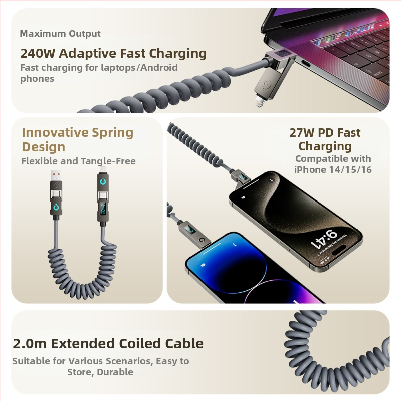 Double Demon 240W USB-C kábel 4-v-1 s digitálnym displejom rýchleho nabíjania