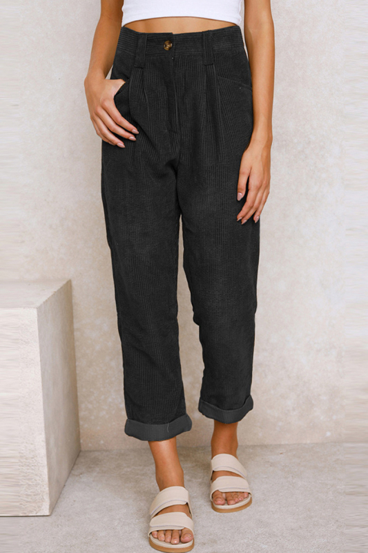 Cordurové nohavice rovného strihu, vysoký pás, casual, zapínanie na zips, polyester