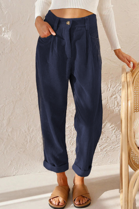 Cordurové nohavice rovného strihu, vysoký pás, casual, zapínanie na zips, polyester