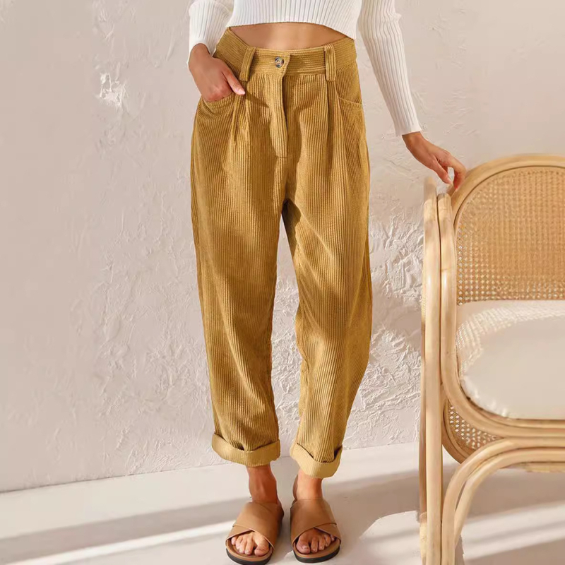Corduroy ίσια παντελόνια με ψηλή μέση, casual, με φερμουάρ, πολυεστέρας