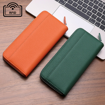 Női hosszú bőr cipzáros clutch pénztárca, lychee-grain felülettel, első réteg tehenek bőre, poliészter bélés, városi letisztult stílus, 2022 ősz