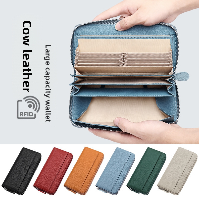 Dámsky dlhý kožený clutch peňaženka s uzáverom na zips, lychee-grain hovädzia koža prvého stupňa, polyesterová podšívka, mestský minimalistický štýl, jeseň 2022