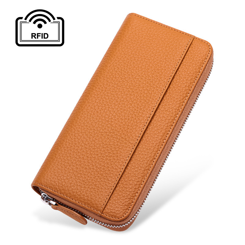 Női hosszú bőr cipzáros clutch pénztárca, lychee-grain felülettel, első réteg tehenek bőre, poliészter bélés, városi letisztult stílus, 2022 ősz