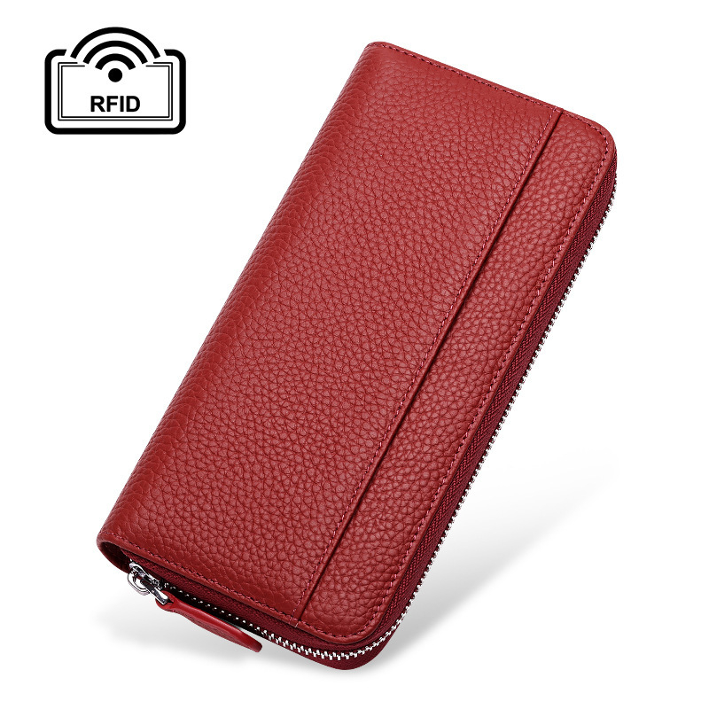 Női hosszú bőr cipzáros clutch pénztárca, lychee-grain felülettel, első réteg tehenek bőre, poliészter bélés, városi letisztult stílus, 2022 ősz