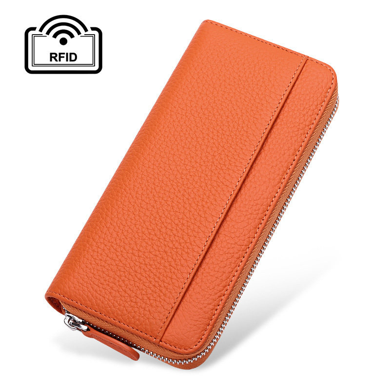 Női hosszú bőr cipzáros clutch pénztárca, lychee-grain felülettel, első réteg tehenek bőre, poliészter bélés, városi letisztult stílus, 2022 ősz