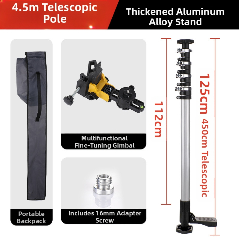 Лазерен нивелир с телескопична повдигаща пръчка и инфрачервен мултифункционален държач, изработен от удебелена алуминиева сплав и неръждаема стомана