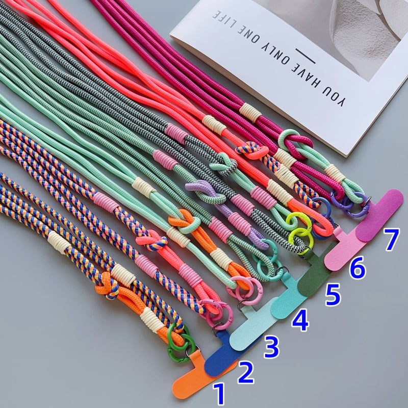 Mobiltelefon nyakpánt kézzel készített csomó mintával, nejlon szövése, poliészter zsinór, fém csat, uniszex